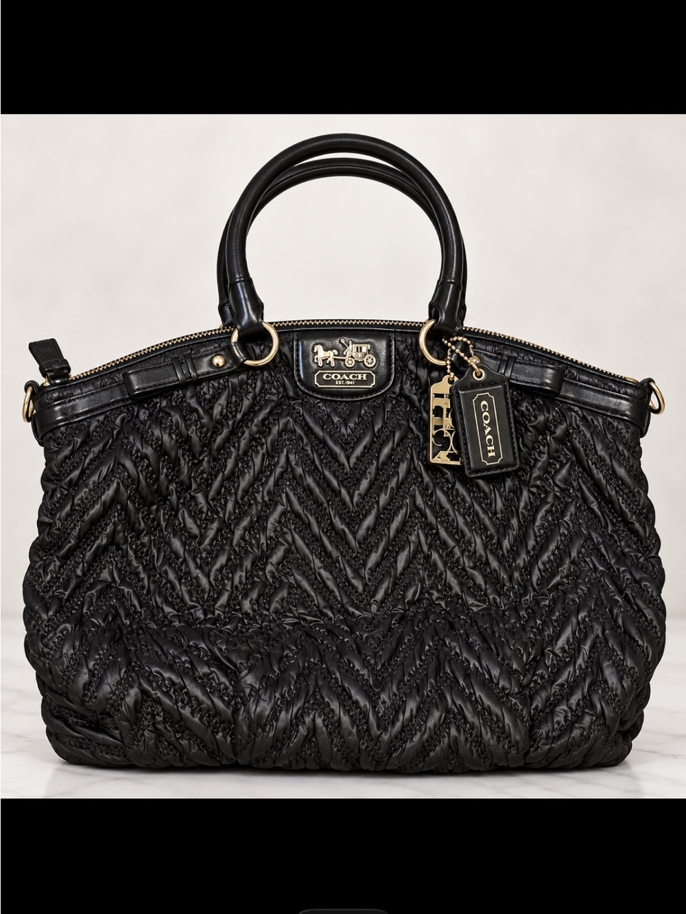 Coach 70th Anniversary Madison Quilted Chevron Black Satchel Bag 18634